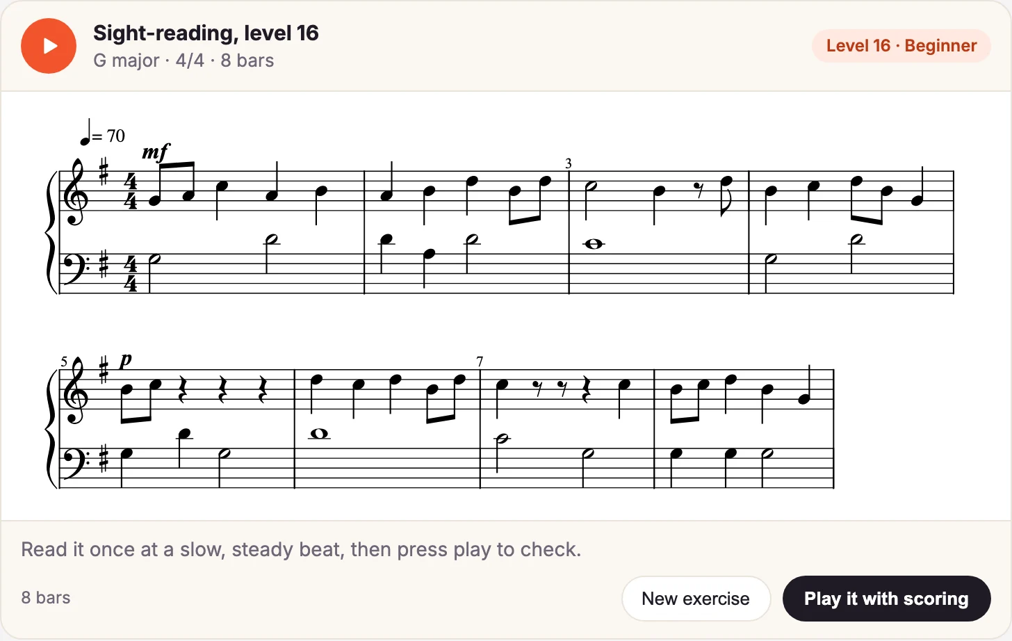 The MasterPiano card in the chat: create a sight-reading exercise