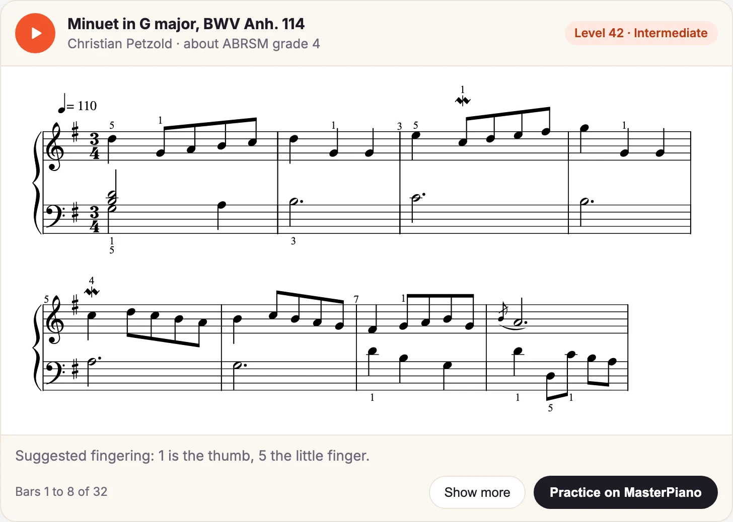 The MasterPiano card in the chat: suggest fingering