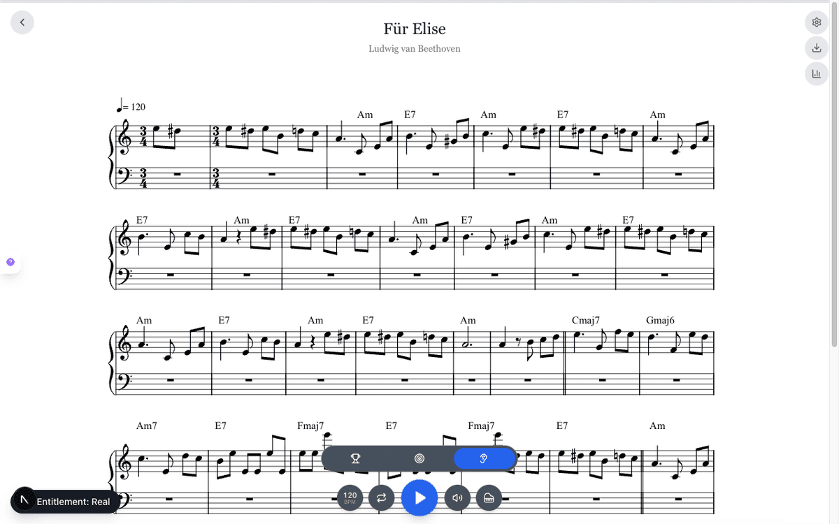 MasterPiano's practice view — real sheet music notation with treble and bass clef