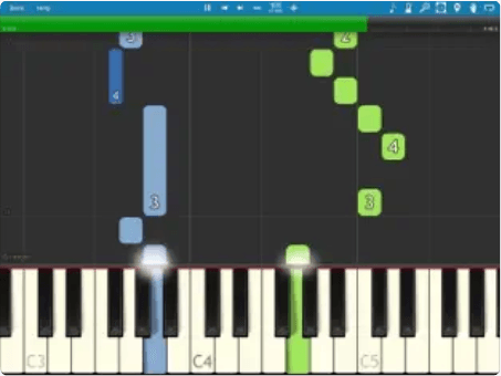 Synthesia's falling notes interface — colored blocks fall toward a virtual keyboard