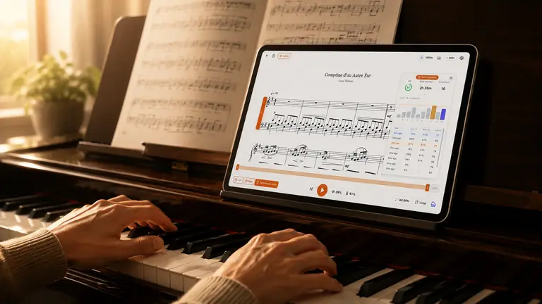 MasterPiano showing real sheet music with per-note feedback